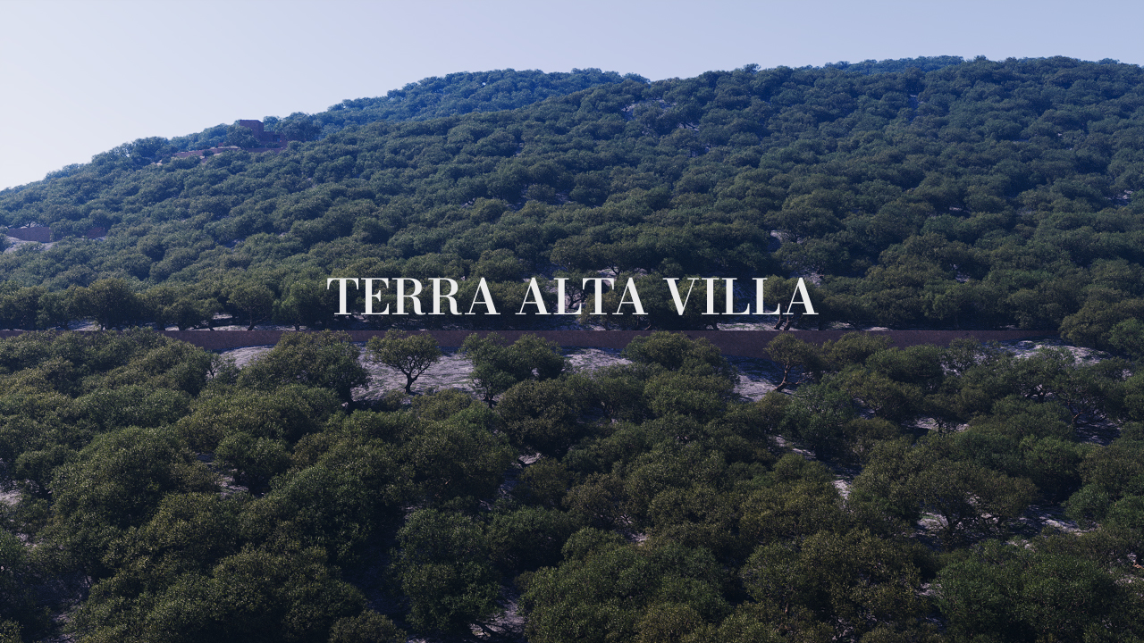 숲이 우거진 산지에 자리한 Terra Alta Villa 항공 전경 3D 이미지